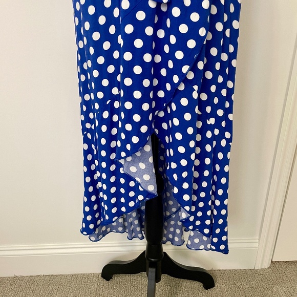 Grecerelle Spring Dress, V Neck Maxi,  Blue/White Polka Dots, M, EUC - Picture 3 of 9